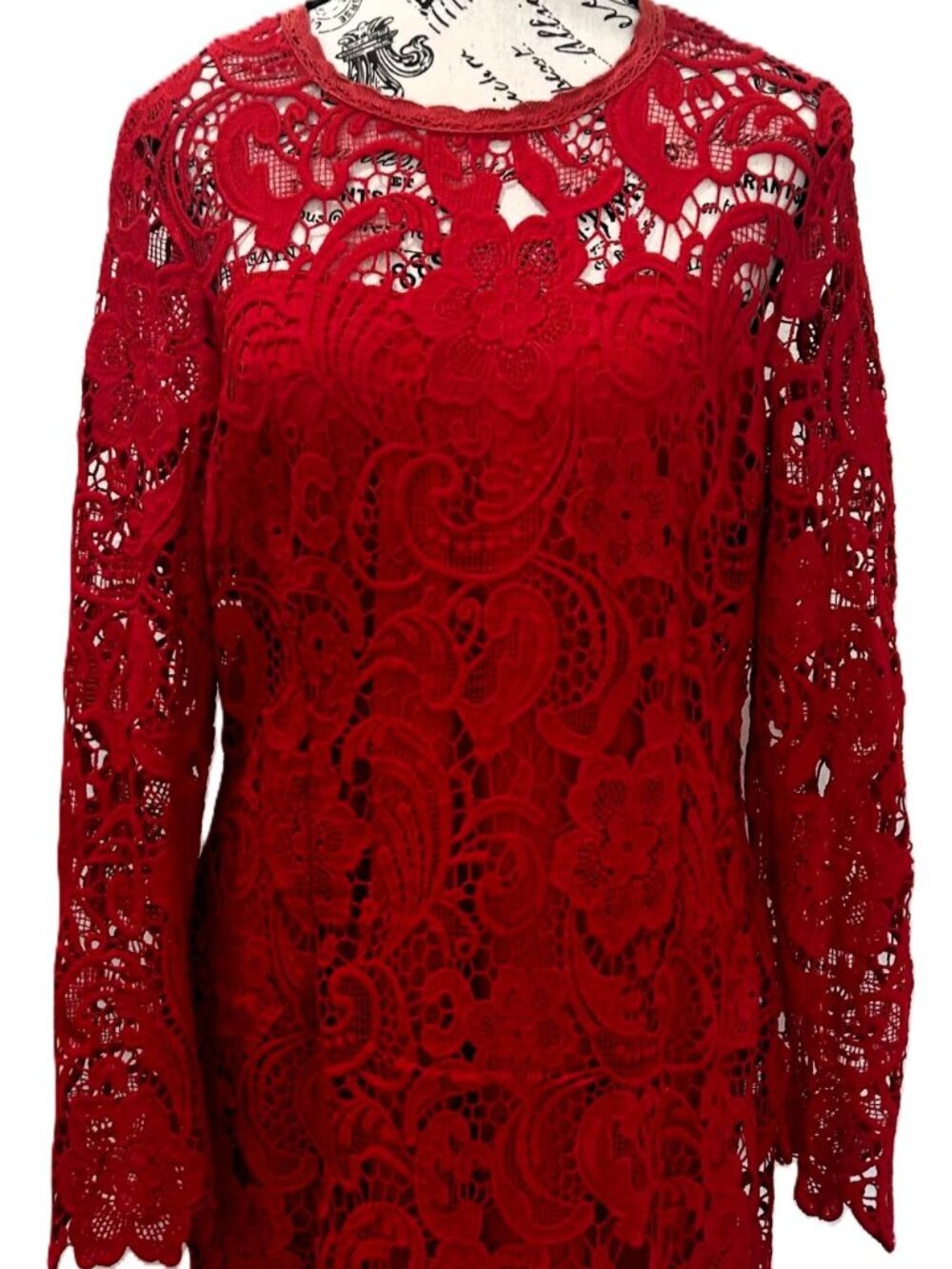 Ella Belle Red Floral Lace Bishop Sleeve Sheath Midi Dress 12